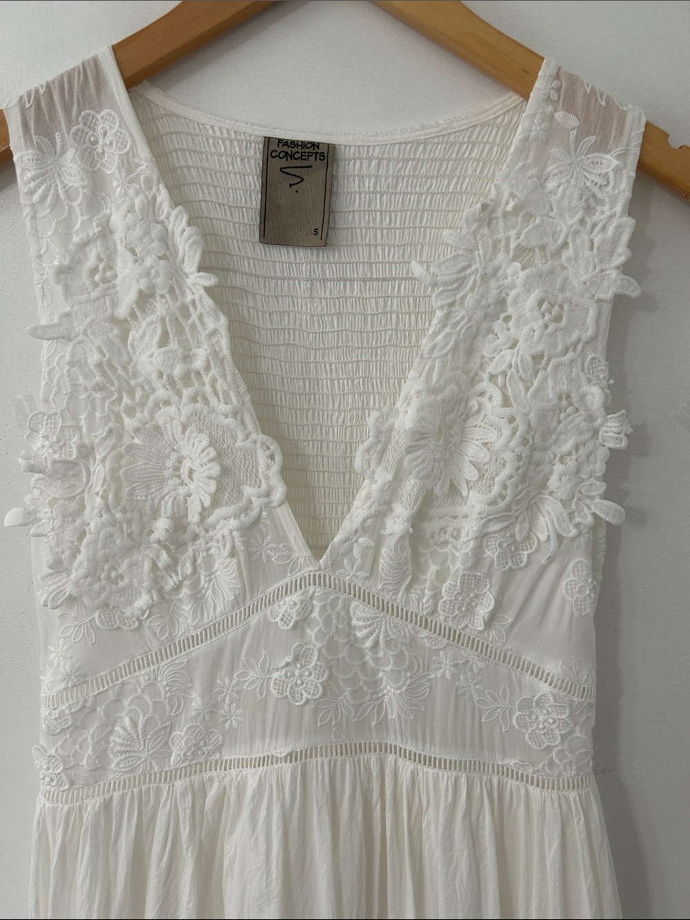 White Lace Bohemian Maxi Dress Tiered Smocked Empire Waist Embroidered Bridal - Picture 2 of 16